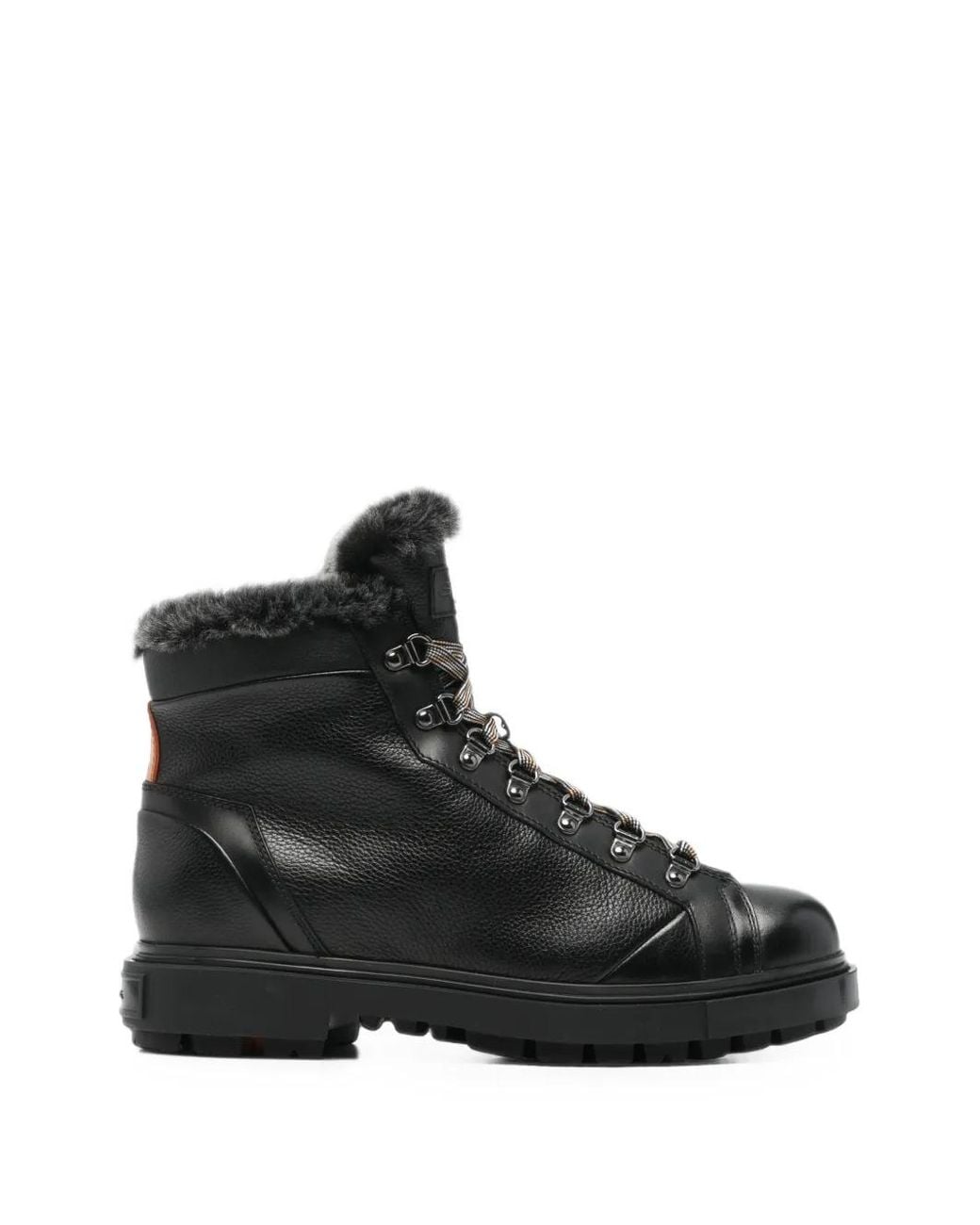 Santoni Black Fur-Trim Lace-Up Boots for men