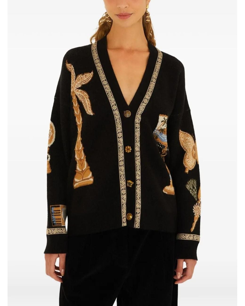 Farm Rio Black Cardigan À Col V Et Motif Graphique En Intarsia
