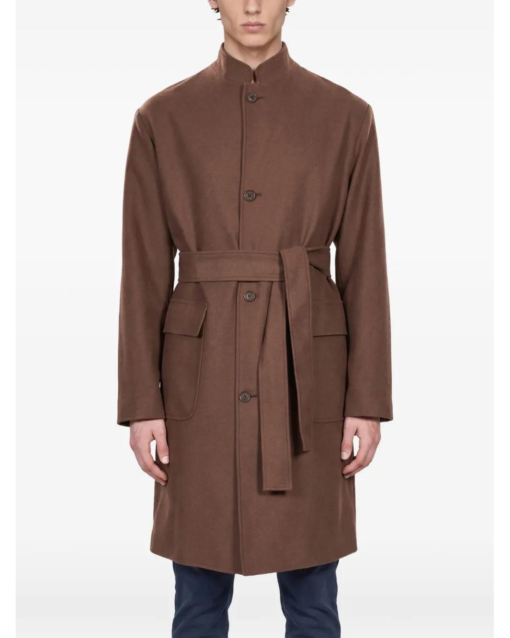 Eleventy Brown Belted High-Neck Wool Coat for men