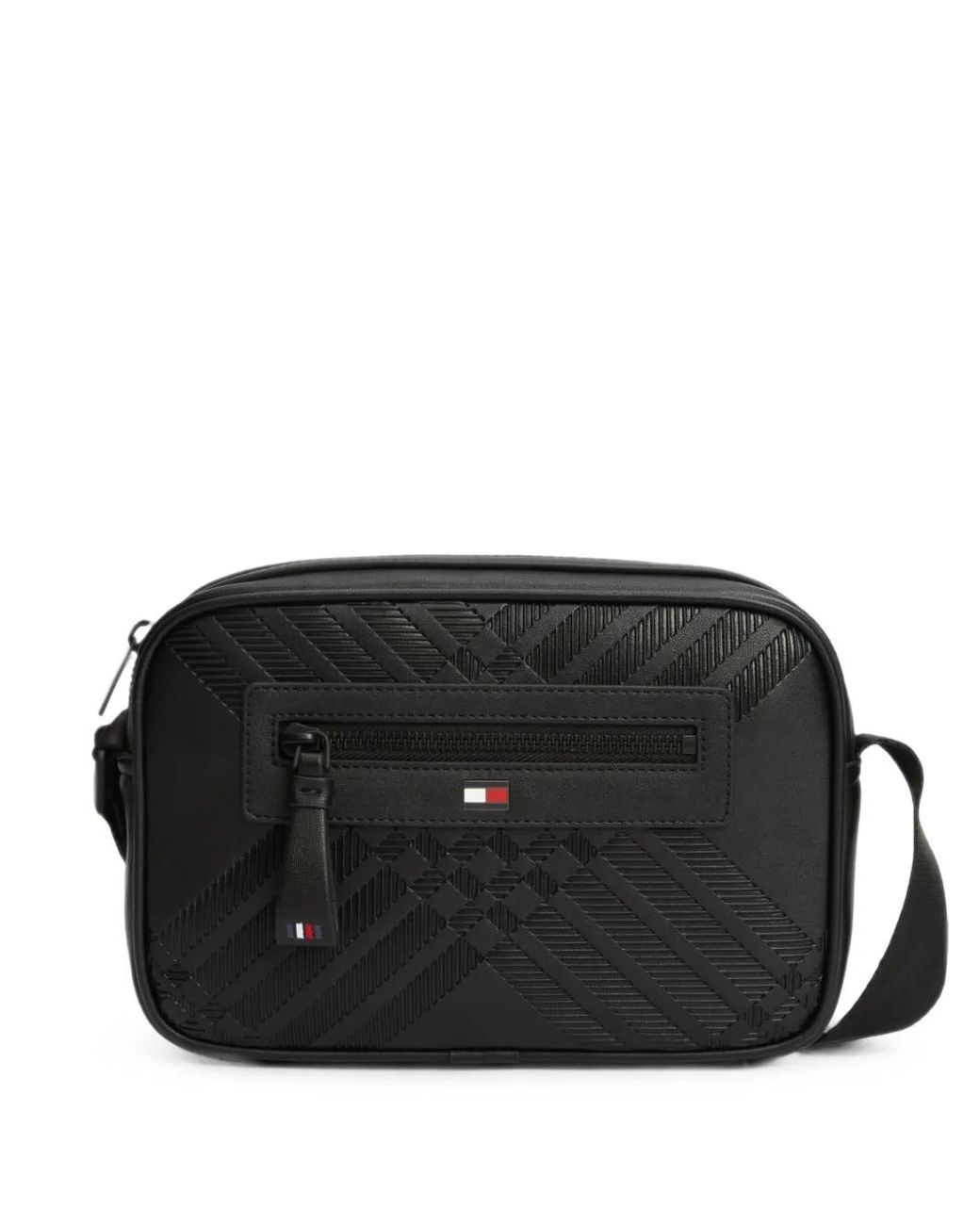 Tommy Hilfiger Black Monogram-Embossed Messenger Bag for men