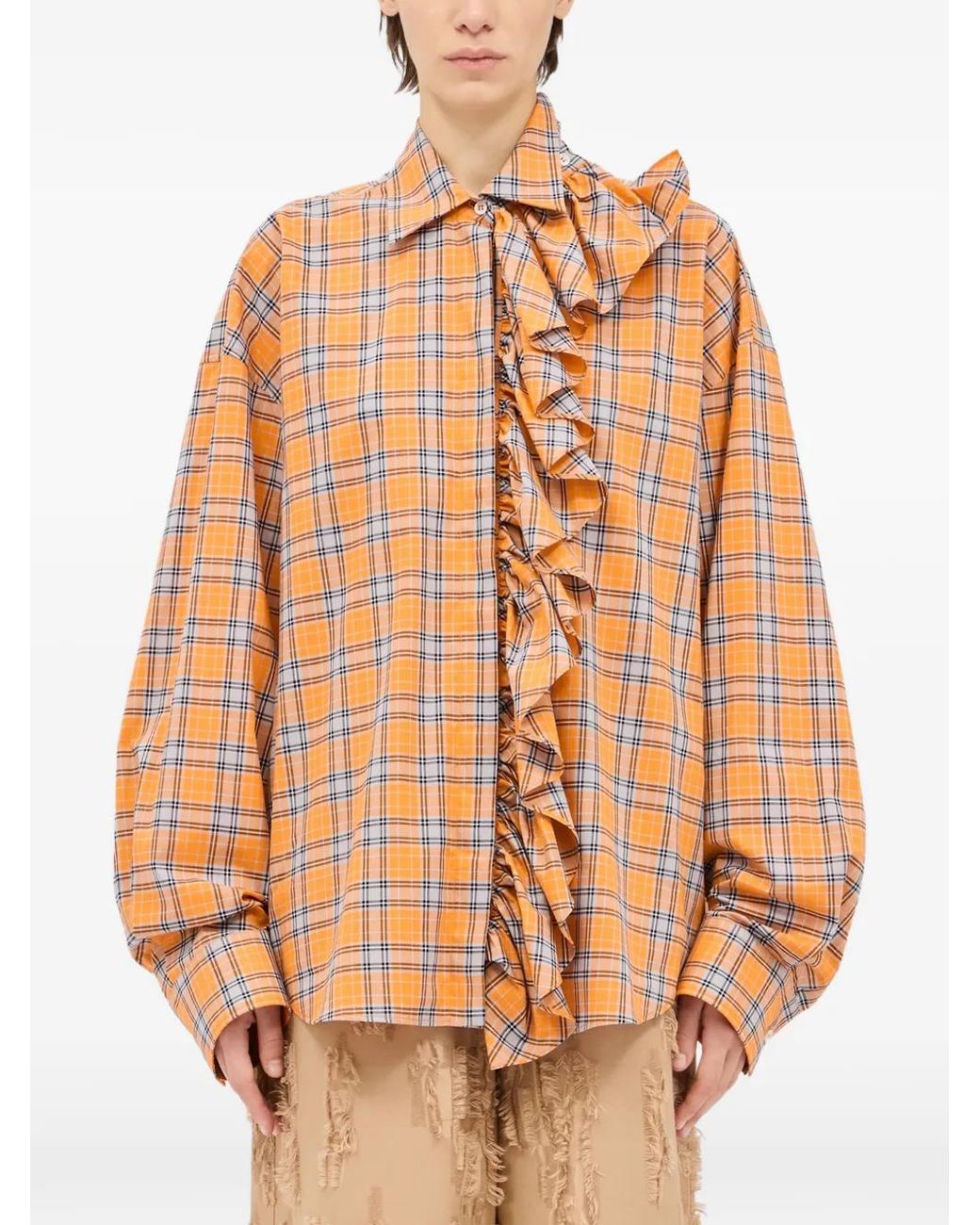 MSGM Orange Ruffled Check Shirt