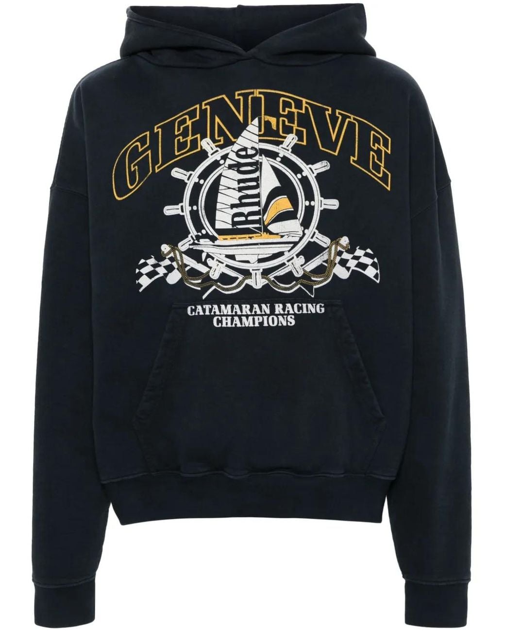 Rhude Black Nautical-Print Cotton Hoodie for men