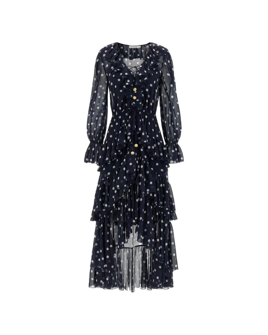 Self-Portrait Blue Polka-Dot Ruffled Asymmetric Dress