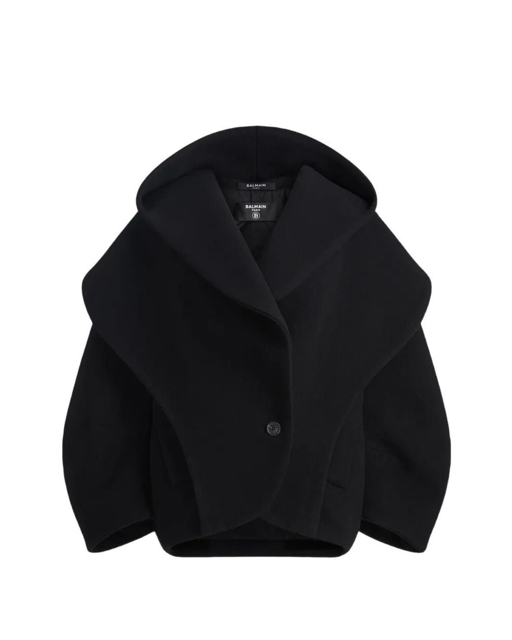 Balmain Black Oversized Wool Pea Coat With Hood