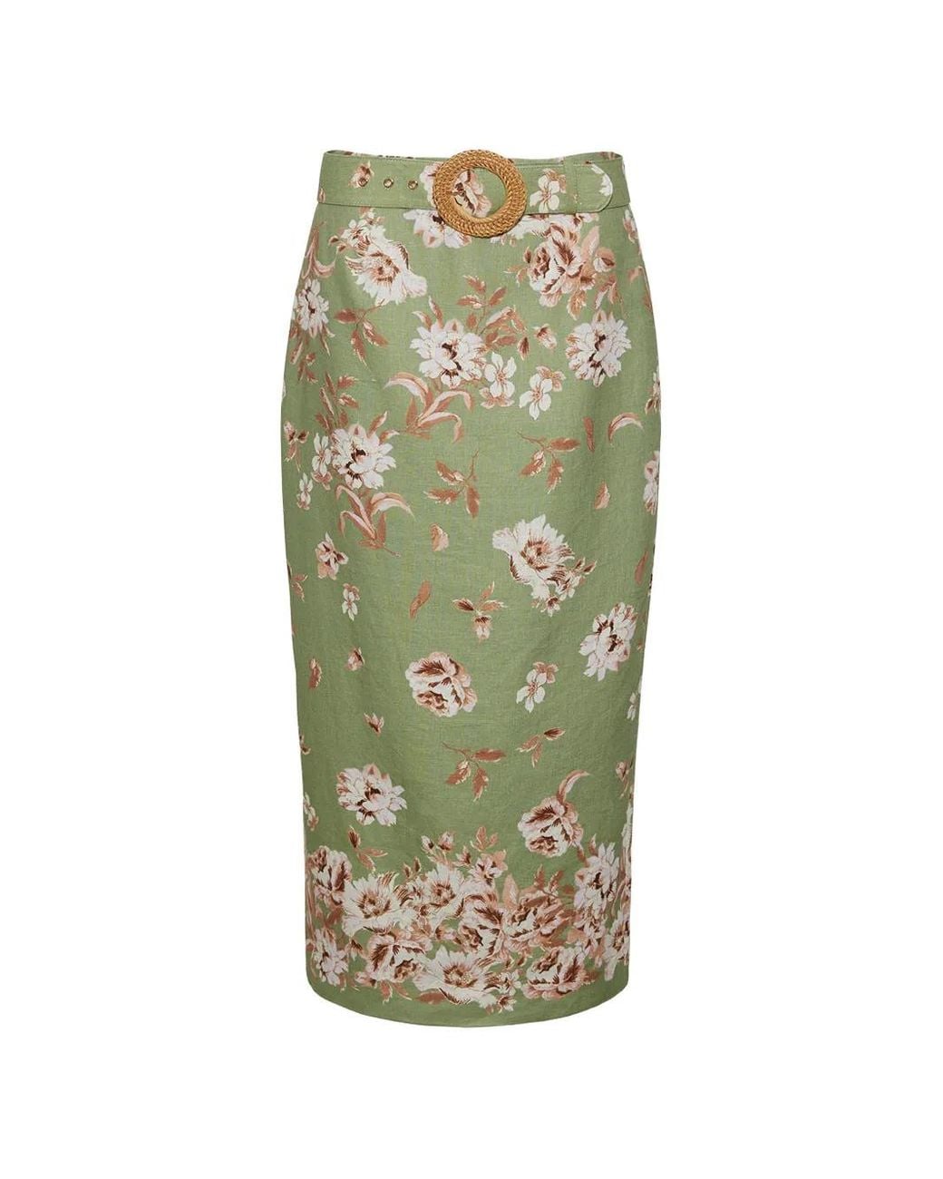 Cara Cara Green Floral-Print Belted Midi Skirt