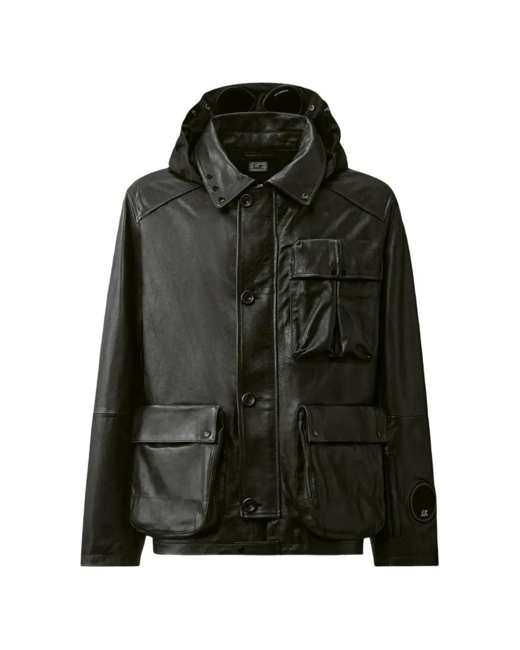 C P Company Black Goggle-Detail Leather Jacket for men