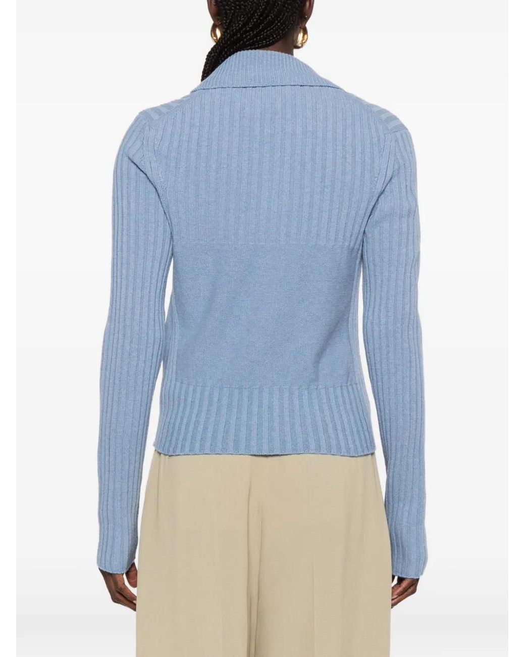 Victoria Beckham Blue Ribbed-Knit Zip-Up Cardigan