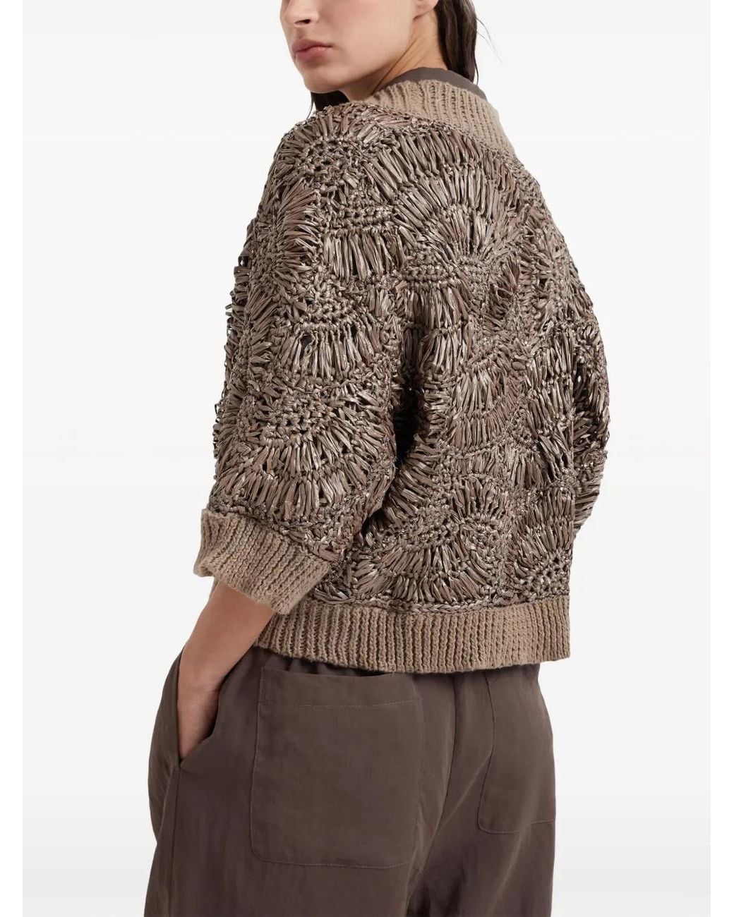 Brunello Cucinelli Brown Sequin-Embellished Knitted Cardigan