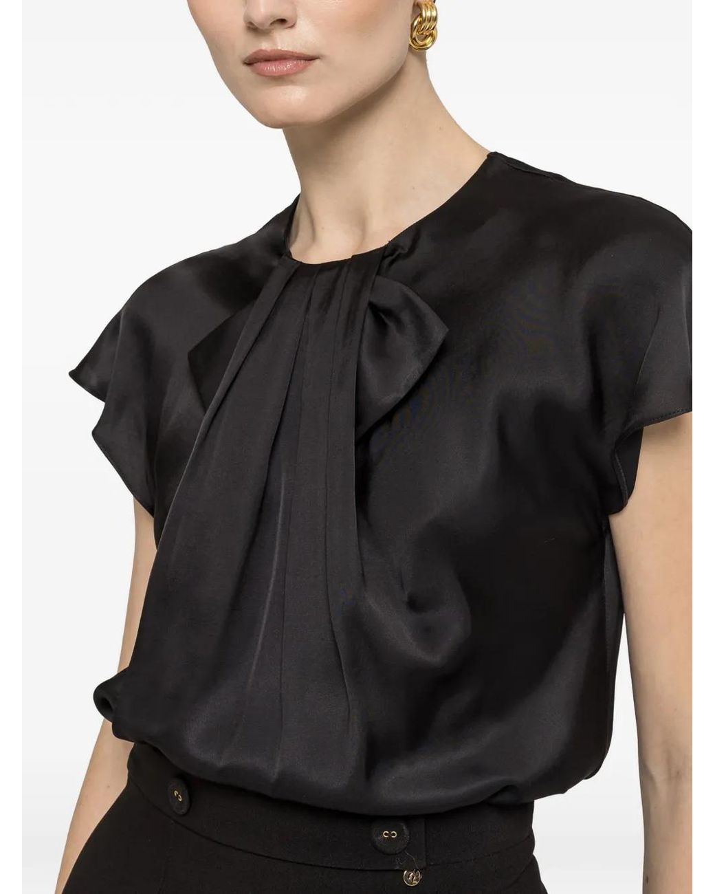 Nissa Black Pleat-Detail Viscose Top