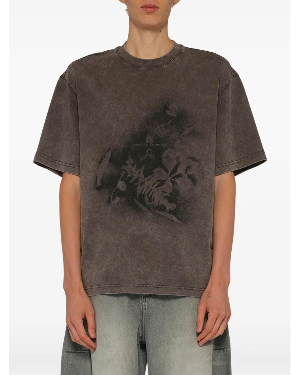 Feng Chen Wang Gray Spray-Painted Plant-Motif T-Shirt for men