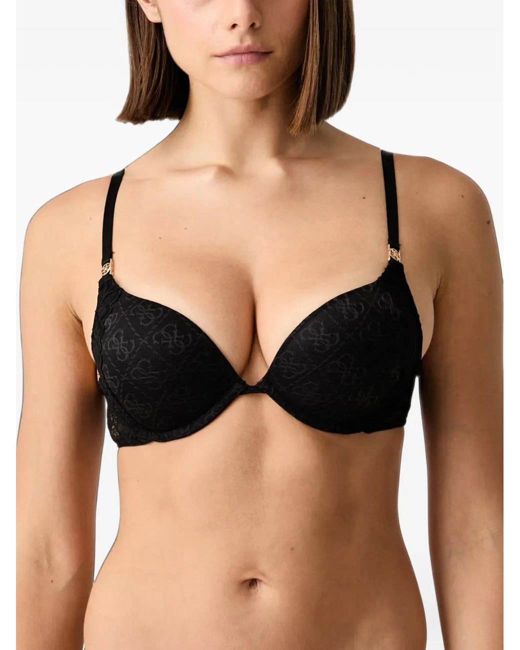 Guess Black Monogram-Print Lace-Trim Bra