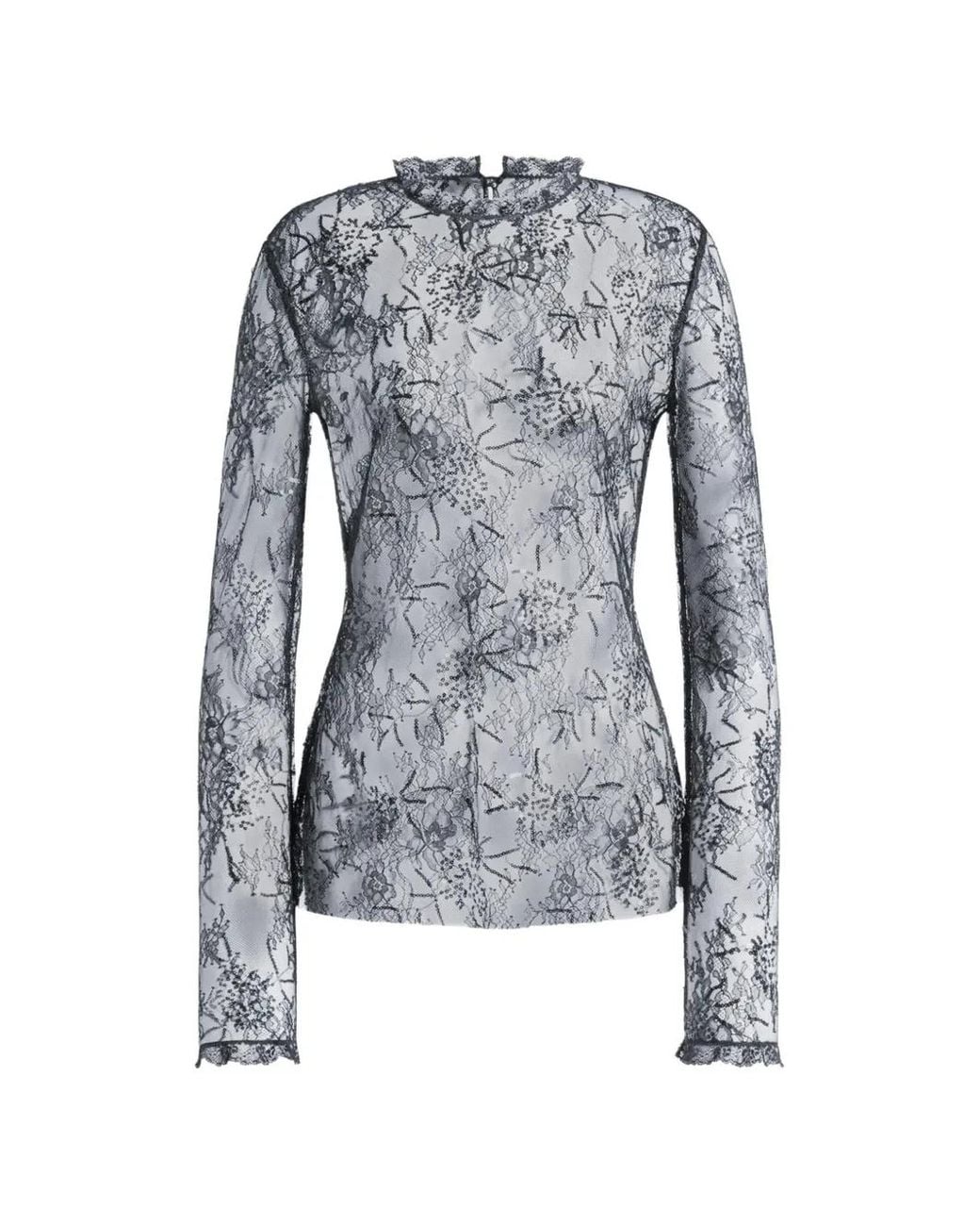 Alberta Ferretti Blue Long-Sleeved Lace Blouse With Ruffle Accents