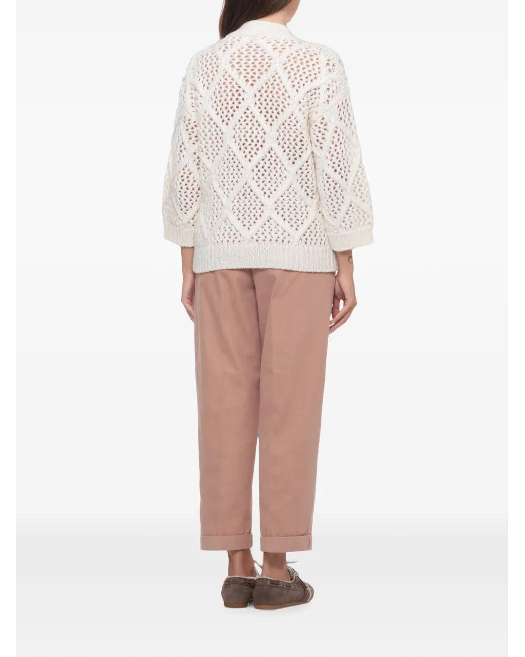 Peserico White Perforated-Knit Bead-Embellished Sweater