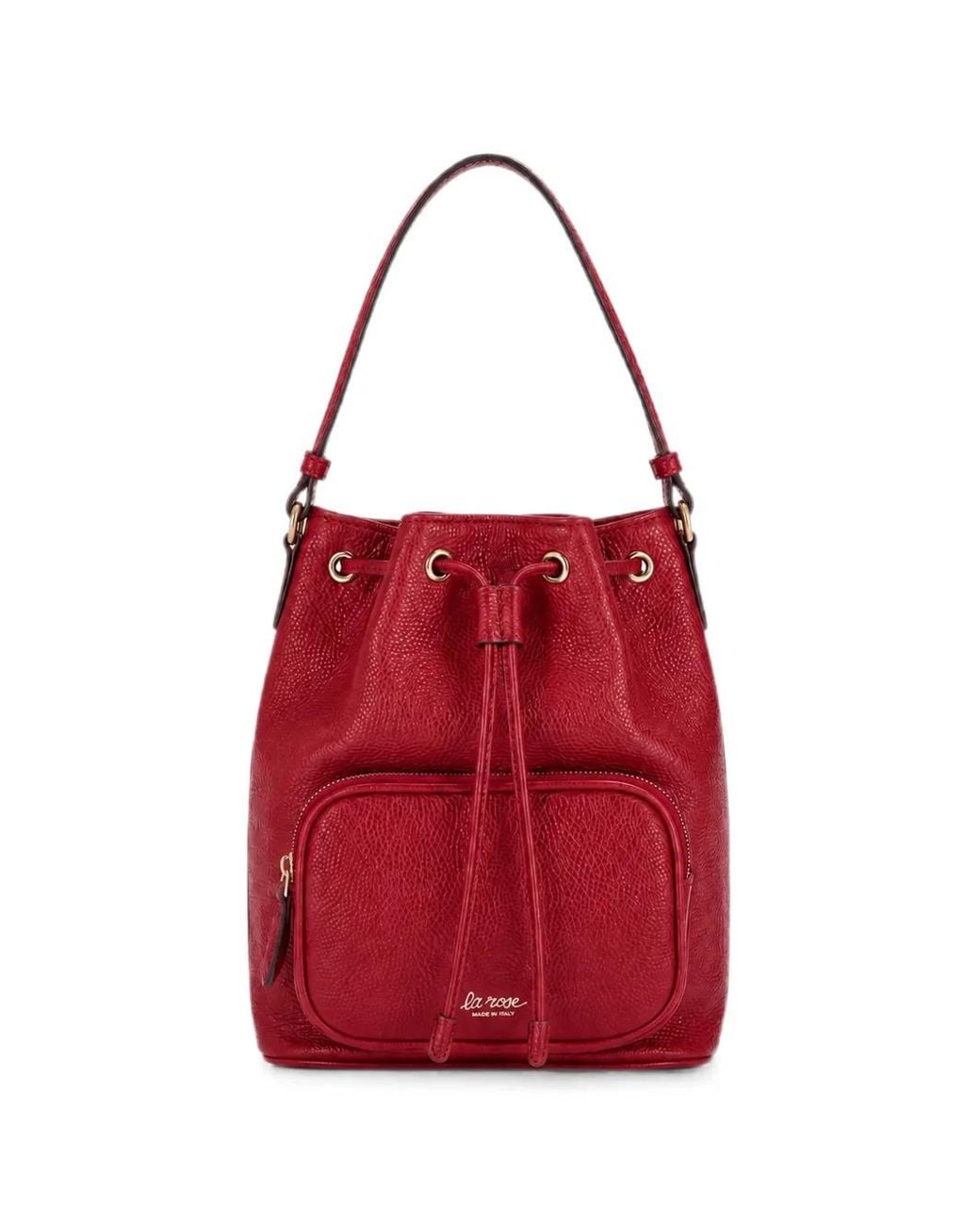 LA ROSE Red Drawstring Pocket Bucket Bag