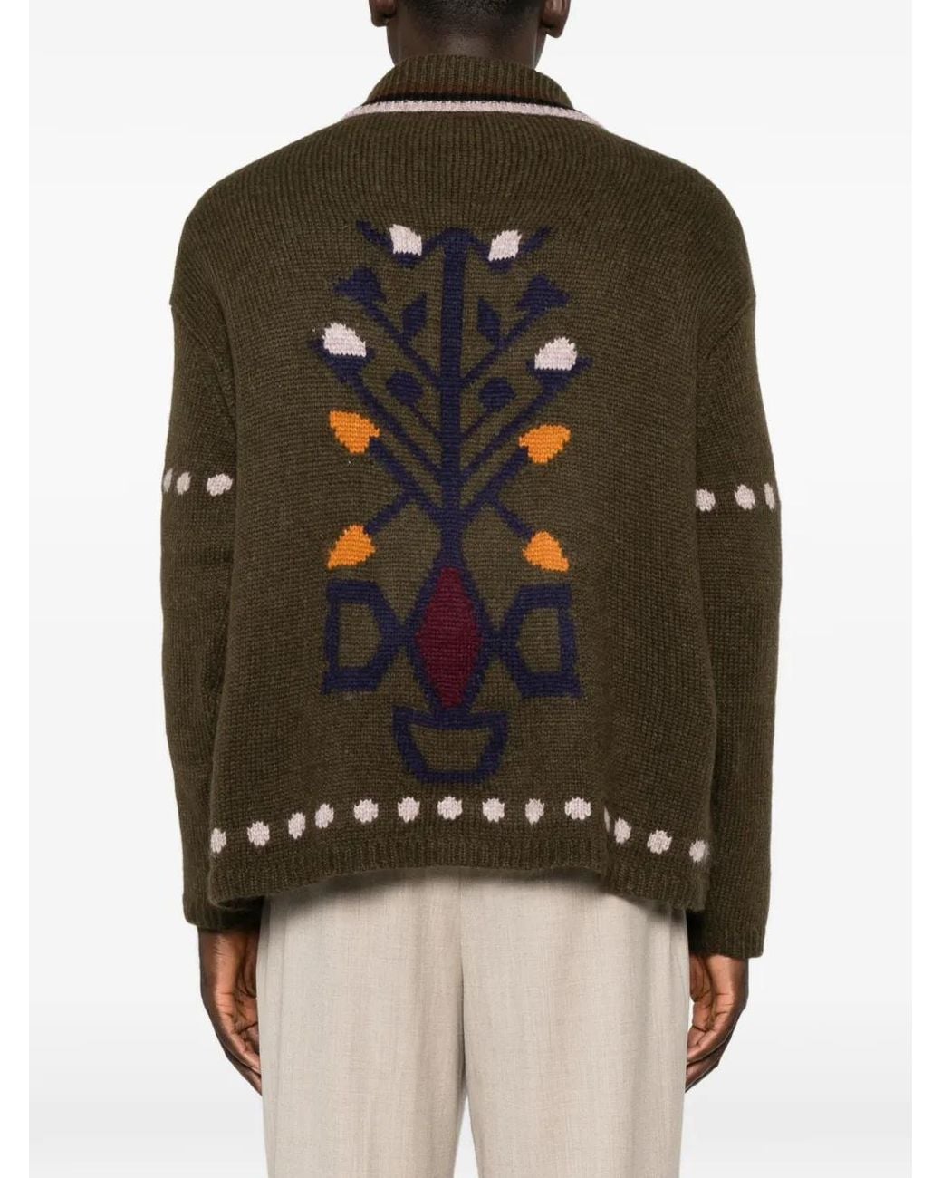 BAZISZT Brown Intarsia-Knit Button-Up Cardigan for men