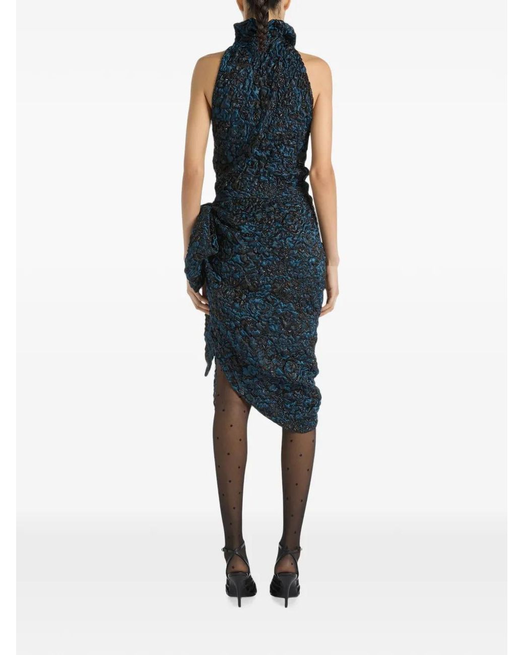 Balmain Blue Draped Cloqué Jacquard Dress