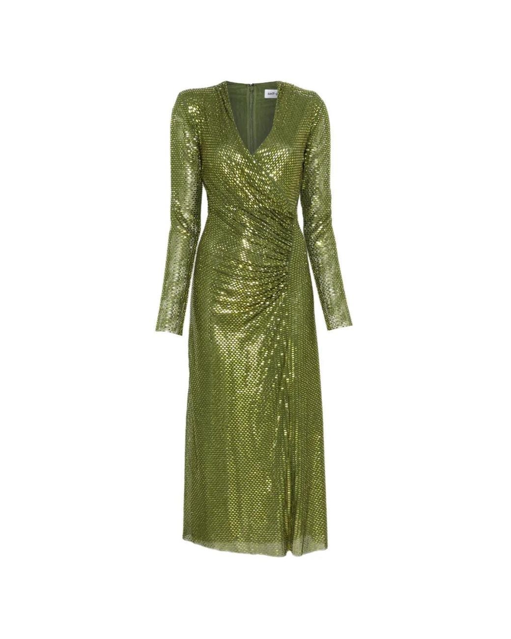 Self-Portrait Green Rhinestone Mesh Wrap Midi Dress