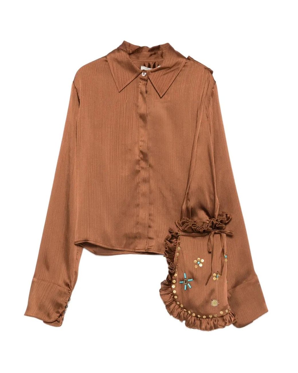 Siedres Brown Pointed-Collar Buttoned Blouse