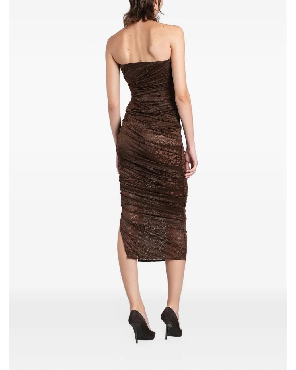 Alex Perry Brown Ruched Animal-Pattern Midi Dress