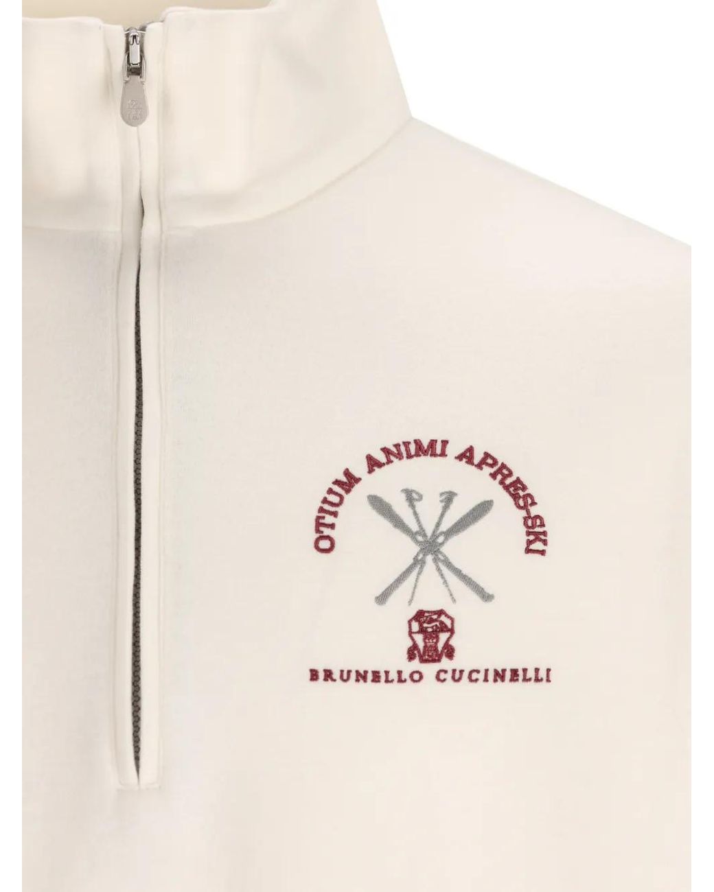 Brunello Cucinelli White Embroidered Half-Zip Sweatshirt for men