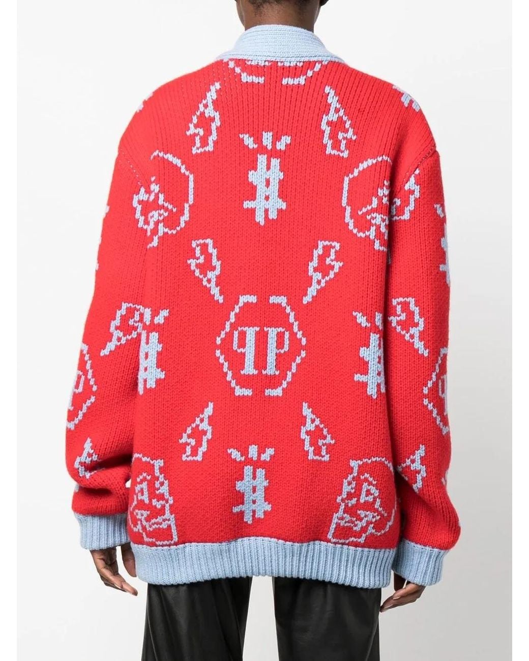 Philipp Plein Red Jacquard Logo Cardigan