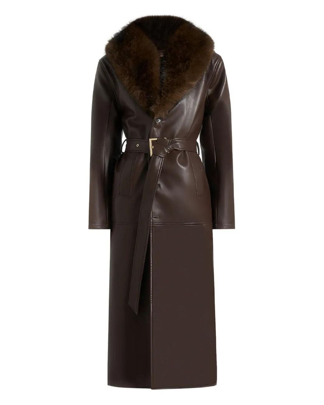 Manière De Voir Brown Cenya Faux Fur-Collar Faux-Leather Belted Coat