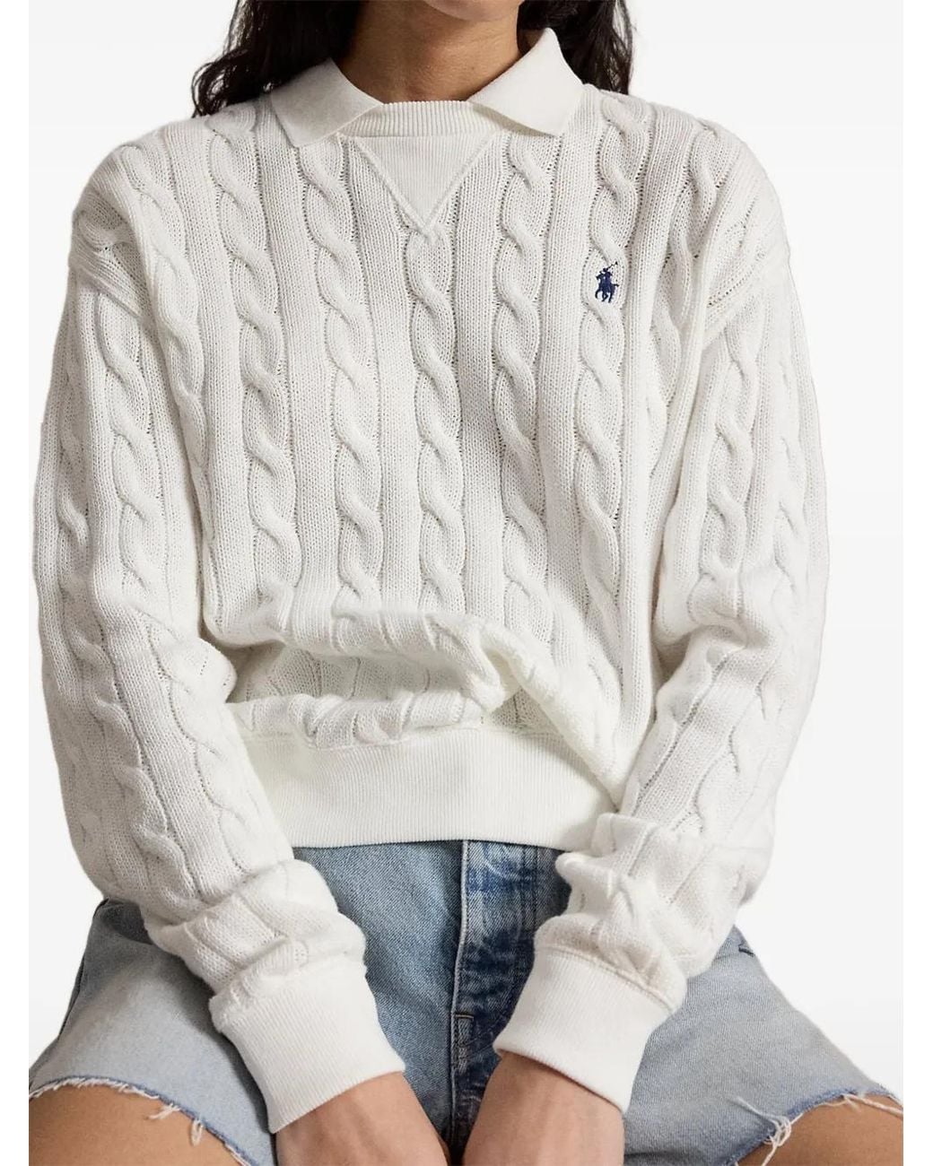 Polo Ralph Lauren White Cable-Knit Polo-Collar Sweater