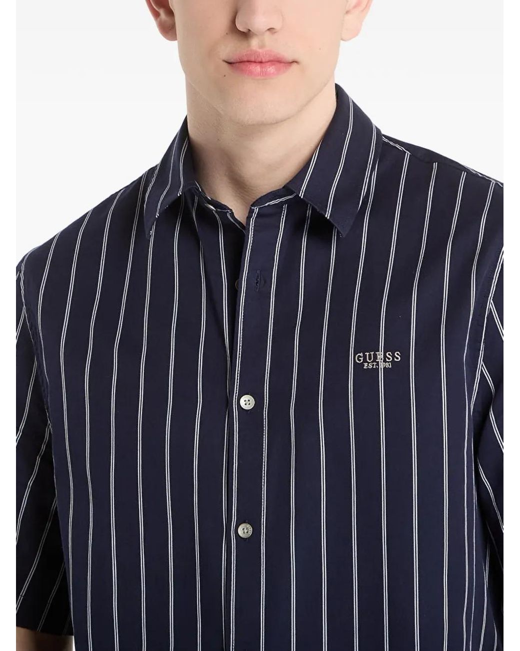 Guess Blue Vertical-Stripe Short-Sleeve Shirt for men
