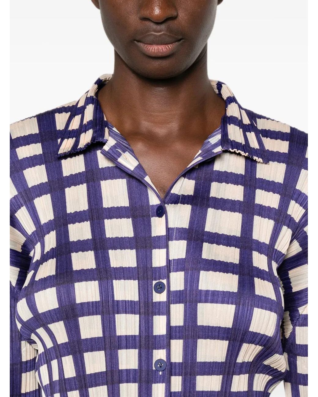 Pleats Please Issey Miyake Blue Check-Print Shirt