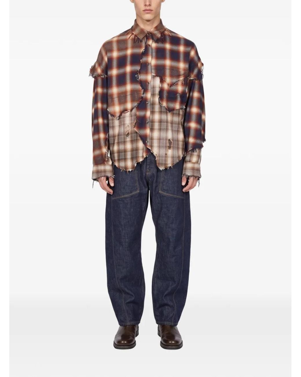 KHOKI Brown Patchwork Frayed Shirt for men