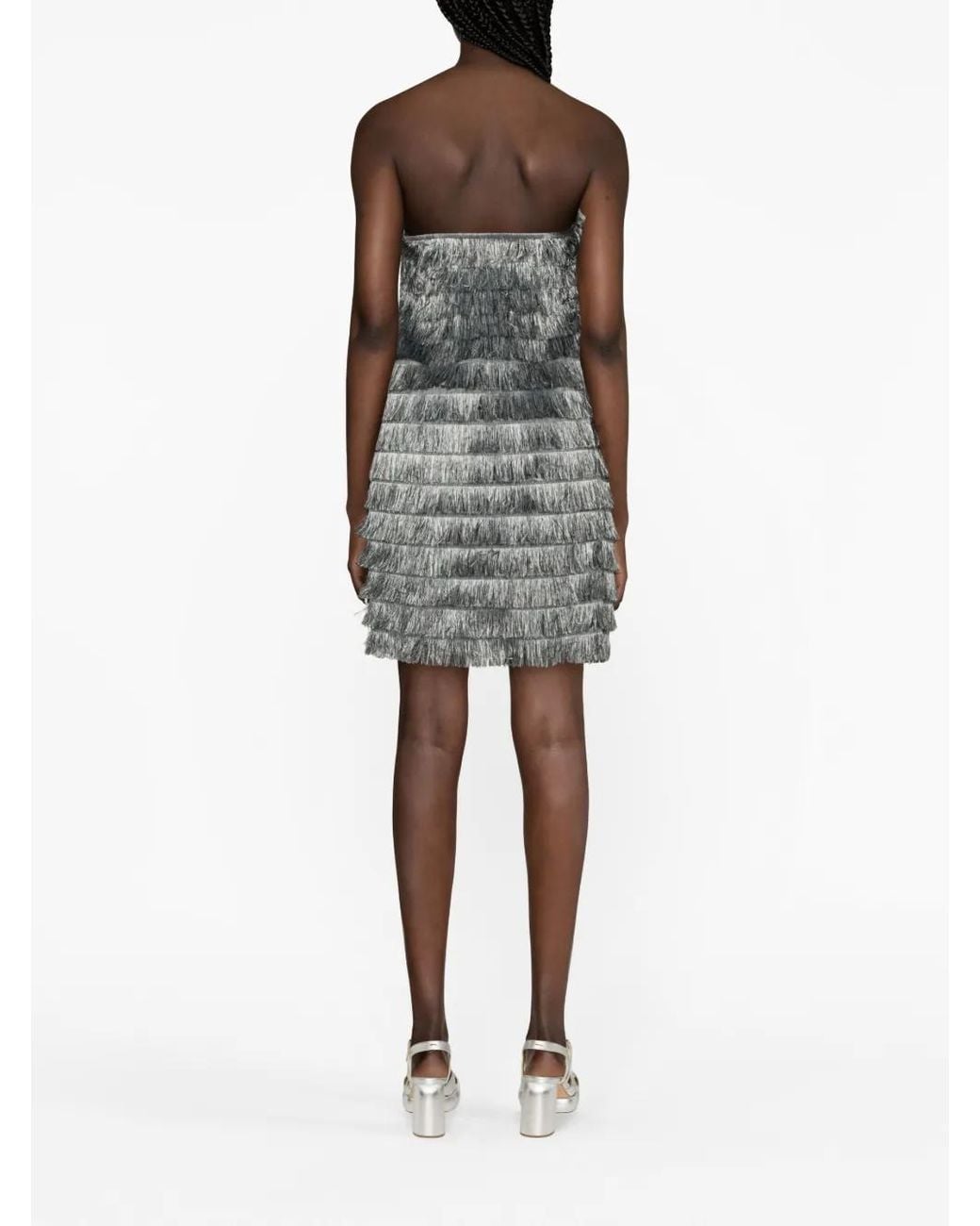 Alberta Ferretti Gray Fringe-Detail Strapless Mini Dress