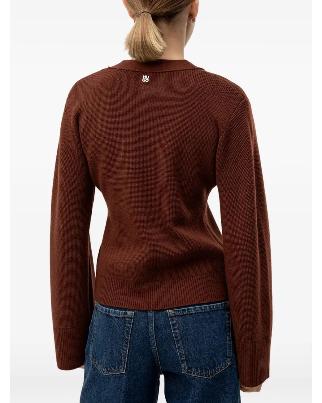 HUGO Brown Wool-Blend Cardigan With Logo Rivet