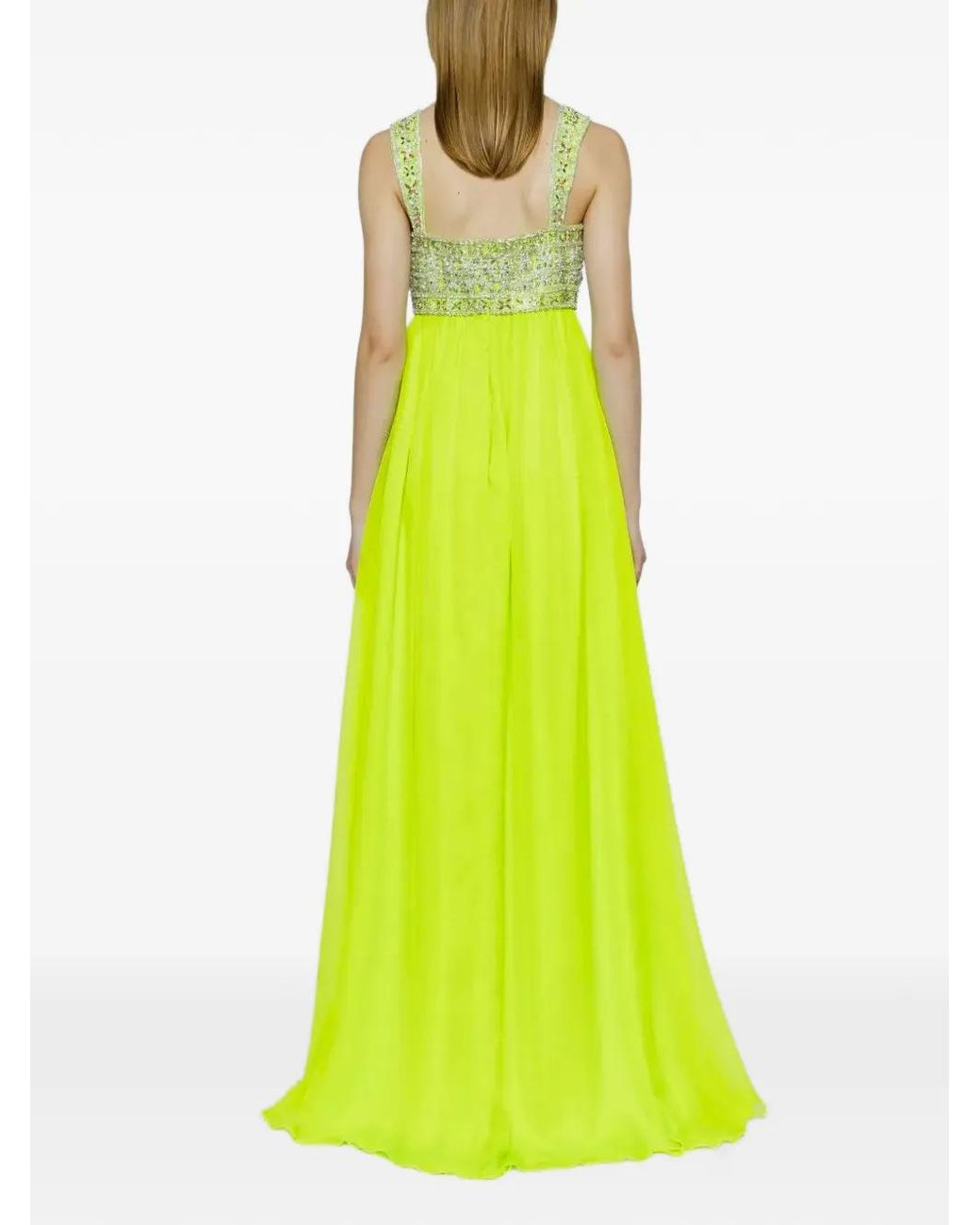 Dina Melwani Green Crystal-Embellished Empire-Waist Maxi Dress