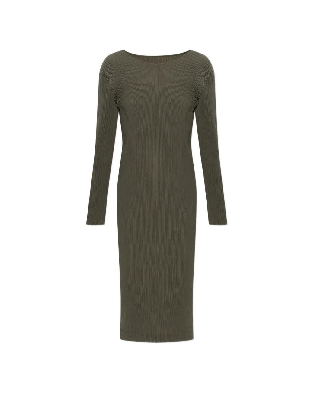 Issey Miyake Green Pleated Long-Sleeve Midi Dress