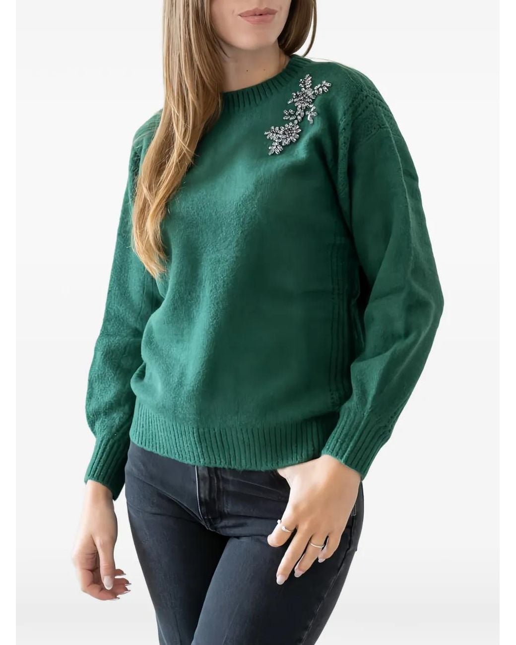 Twinset Green Crystal-Embellished Knitted Sweater