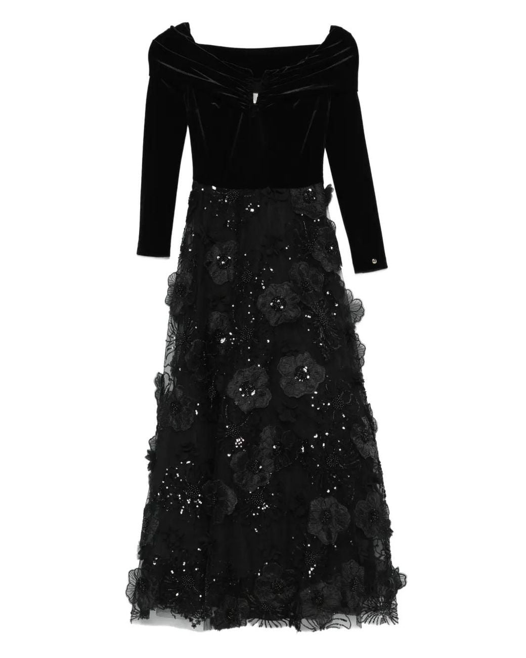 Nissa Black 3D Floral Applique Tulle Midi Dress