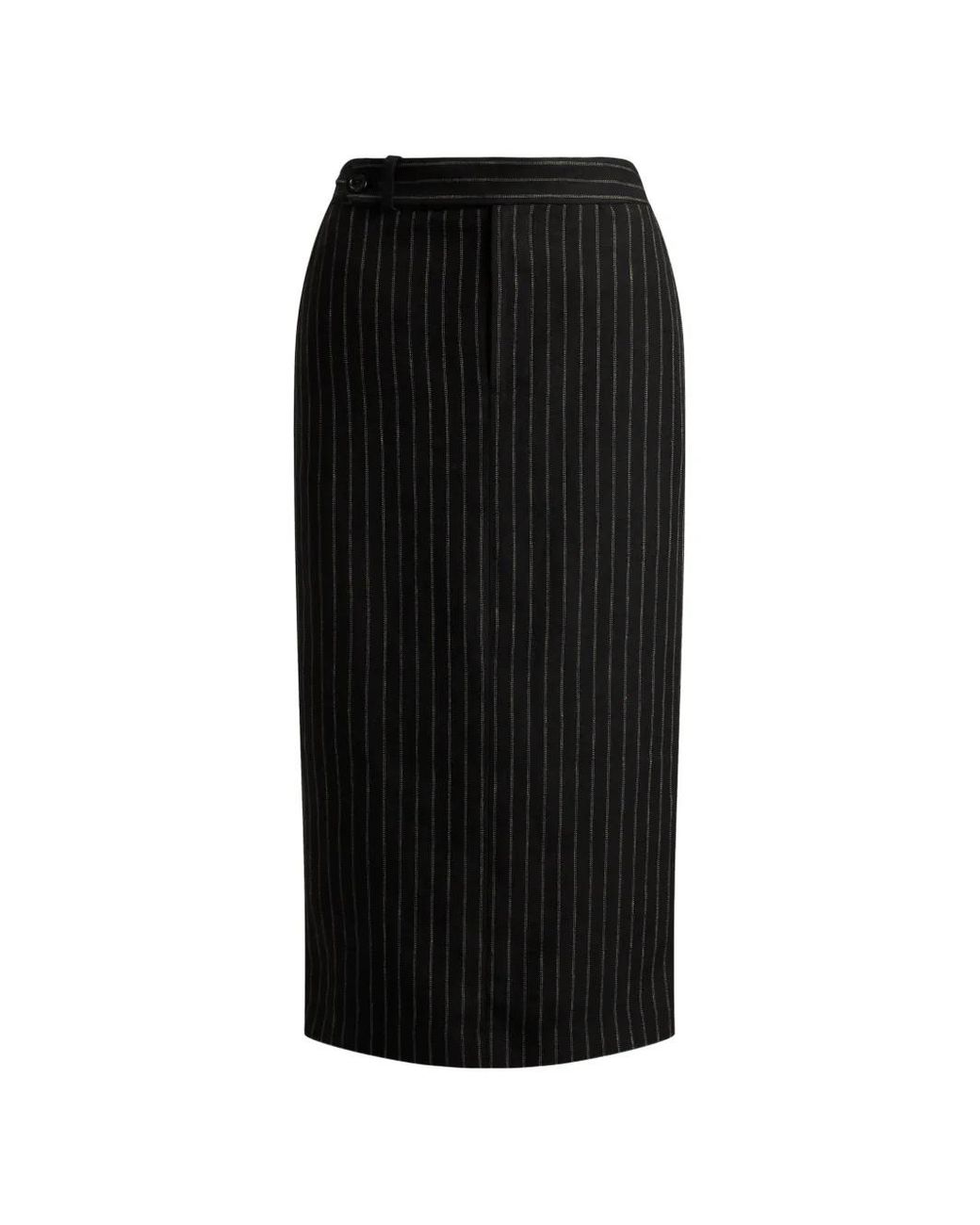 Ralph Lauren Black Chalk-Stripe Linen Midi Skirt