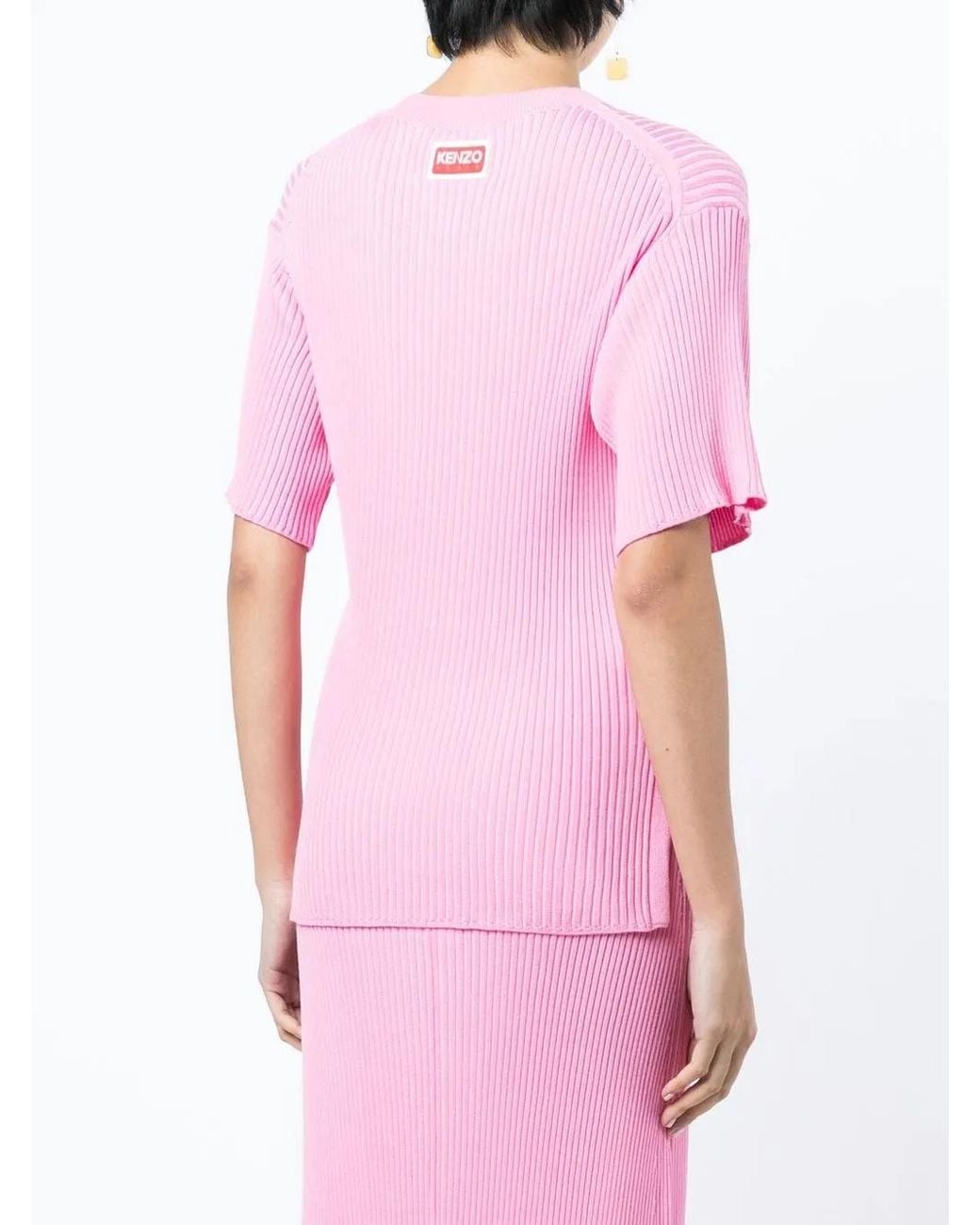 KENZO Pink Logo-Patch Ribbed Short-Sleeve Top