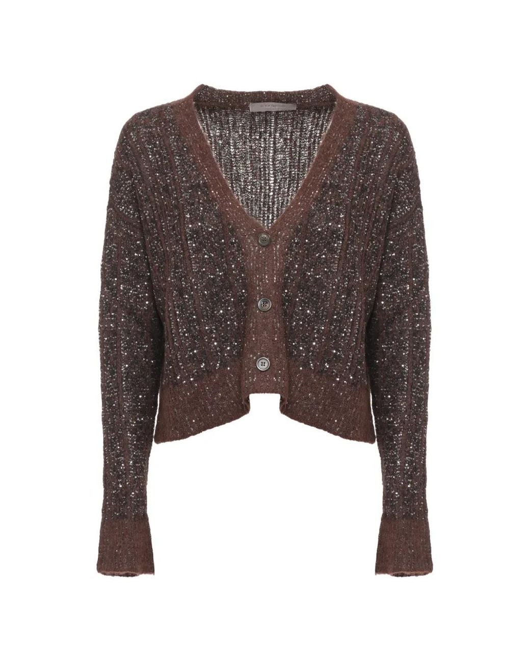 D.exterior Brown Sequin-Embellished Cable-Knit Cardigan