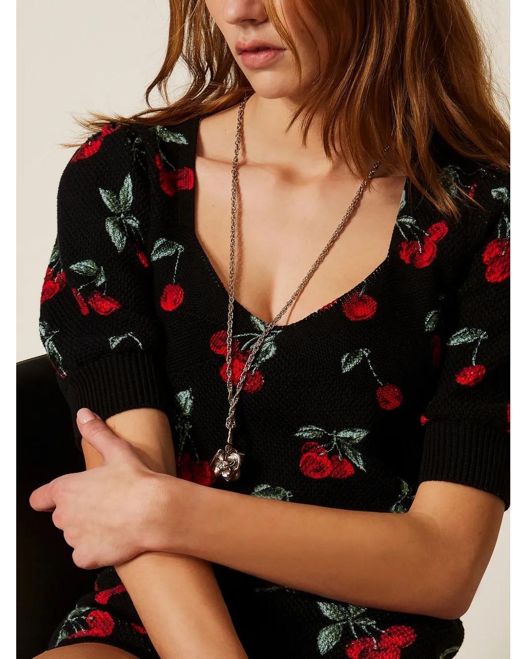 Twinset Black Cherry-Detail Short-Sleeve Sweater
