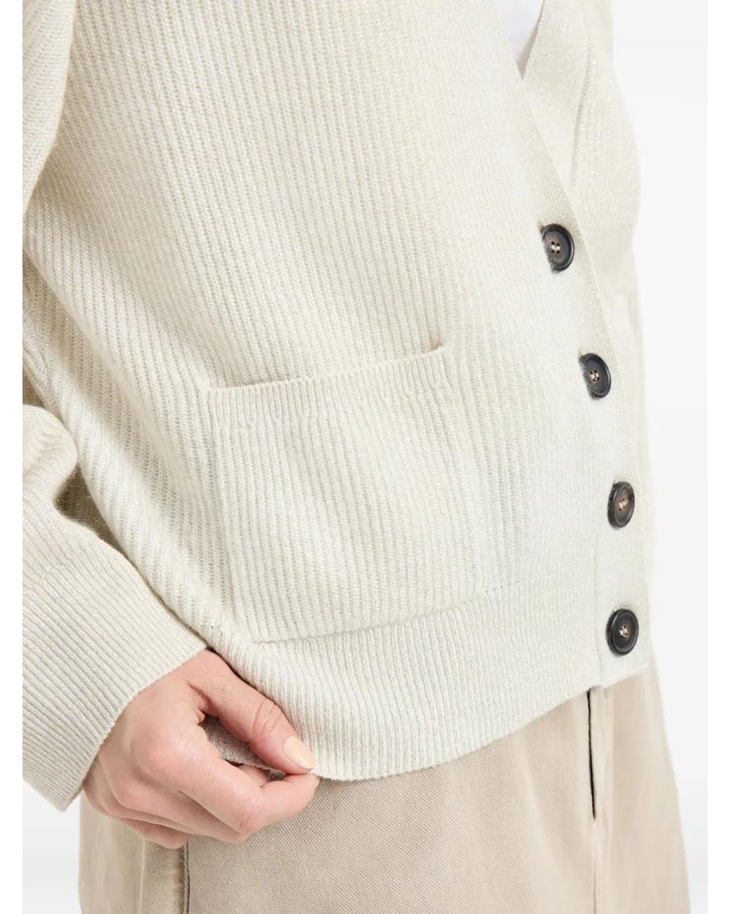 Brunello Cucinelli White Ribbed Pocket Cardigan