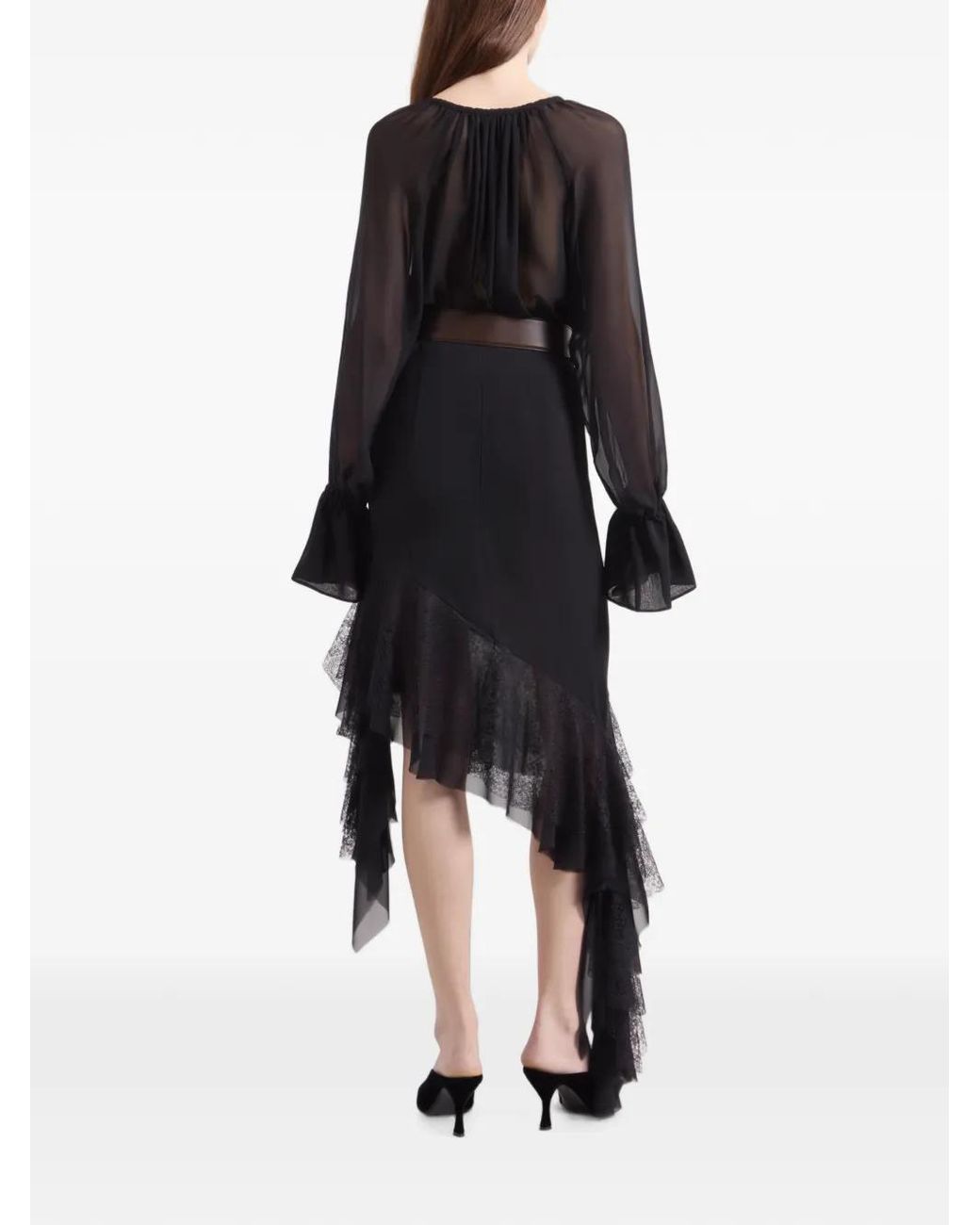 Nina Ricci Black Asymmetric Lace-Trim Midi Skirt