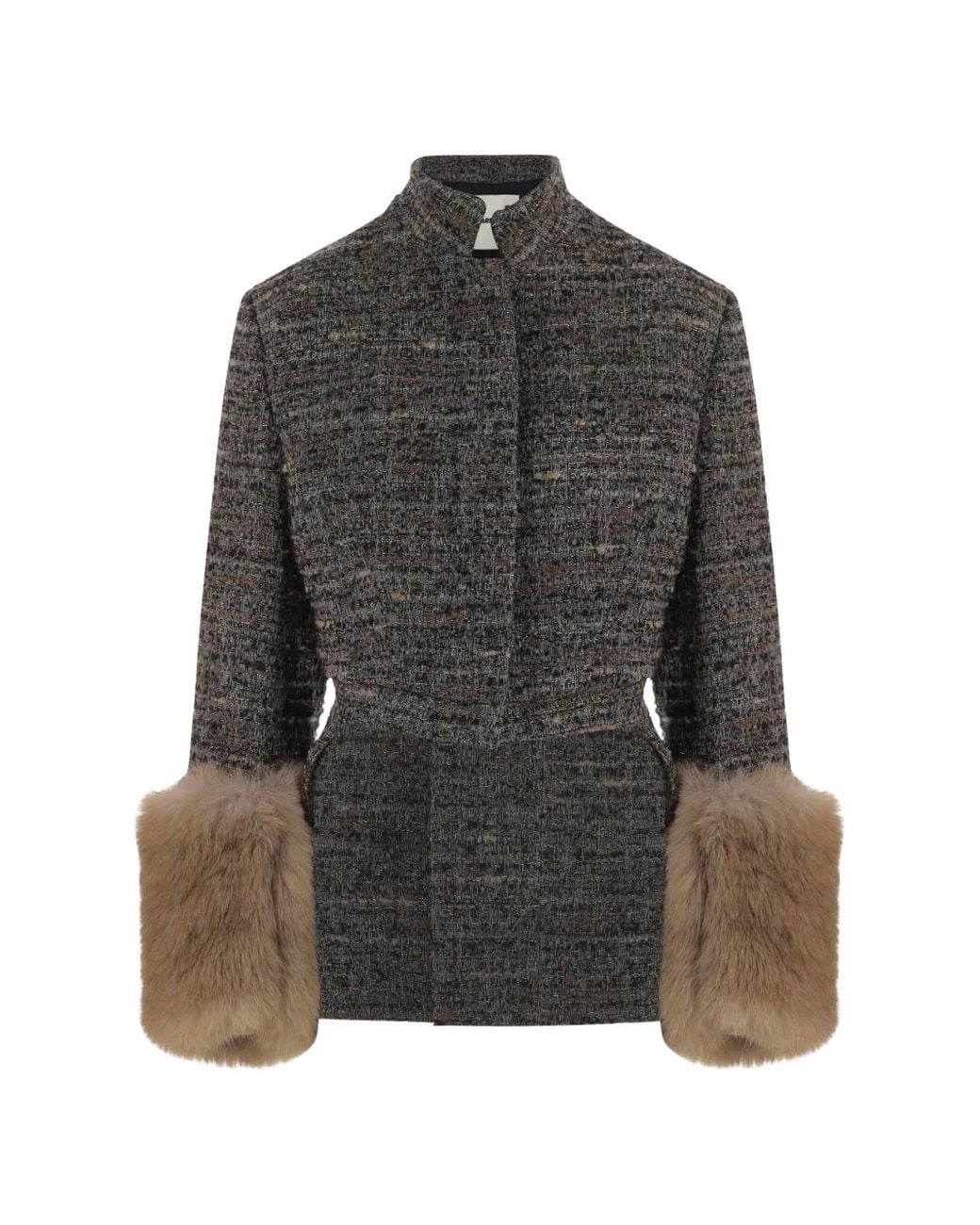 DARKPARK Gray Faux-Fur Trim Tweed Coat