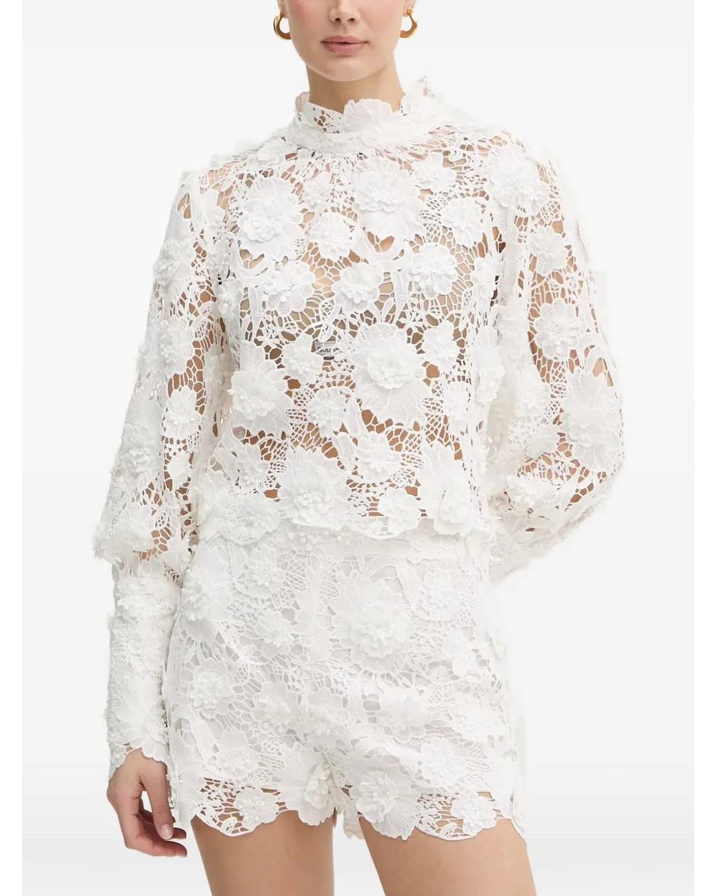 Bardot White Georgia Floral-Lace High-Neck Blouse