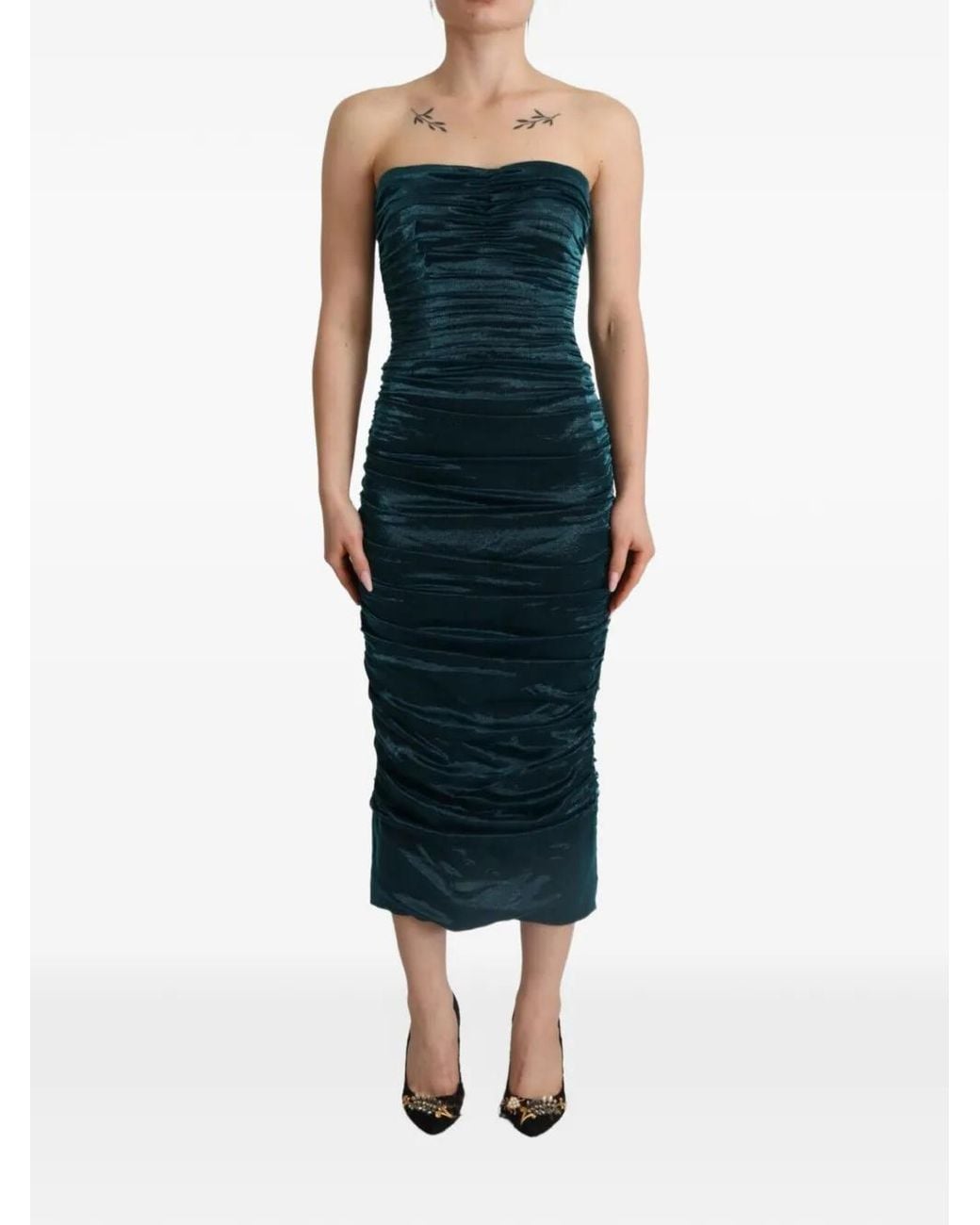 Dolce & Gabbana Blue Ruched Strapless Midi Dress