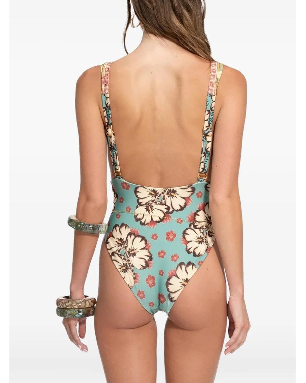 Agua Bendita Blue Ellis Floral-Print Plunge Swimsuit