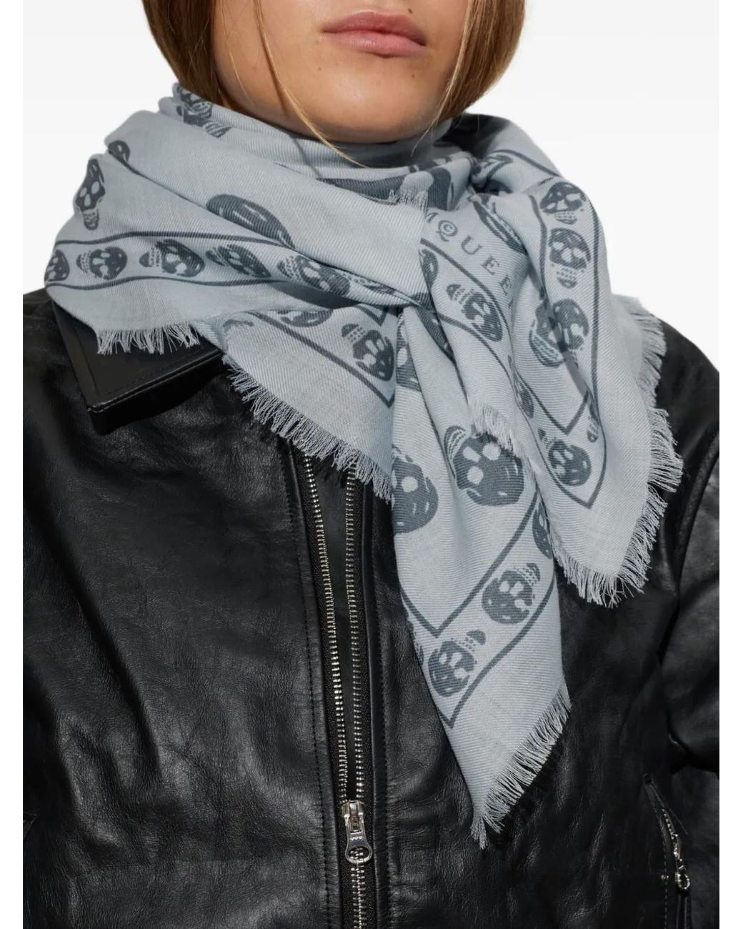 McQueen Gray Skull-Print Raw-Edge Scarf