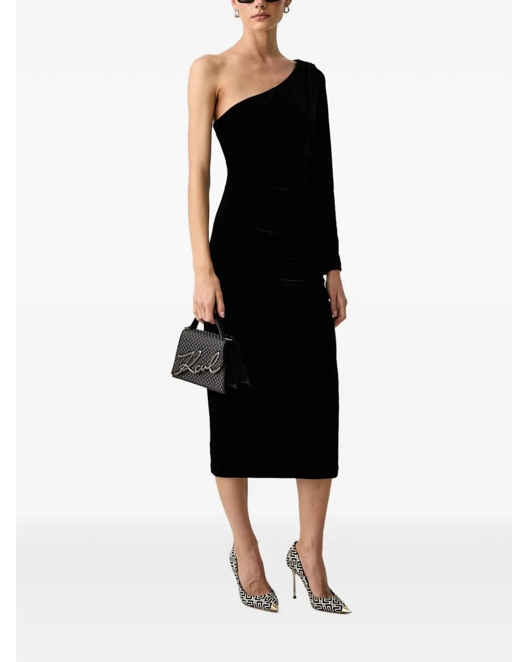 ARMANI EXCHANGE Black One-Shoulder Velvet Midi Dress