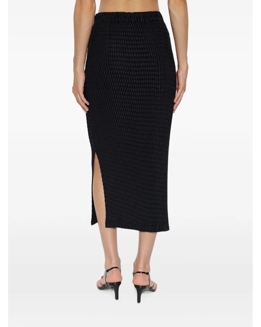 Issey Miyake Black Pleated-Effect Side-Slit Midi Skirt