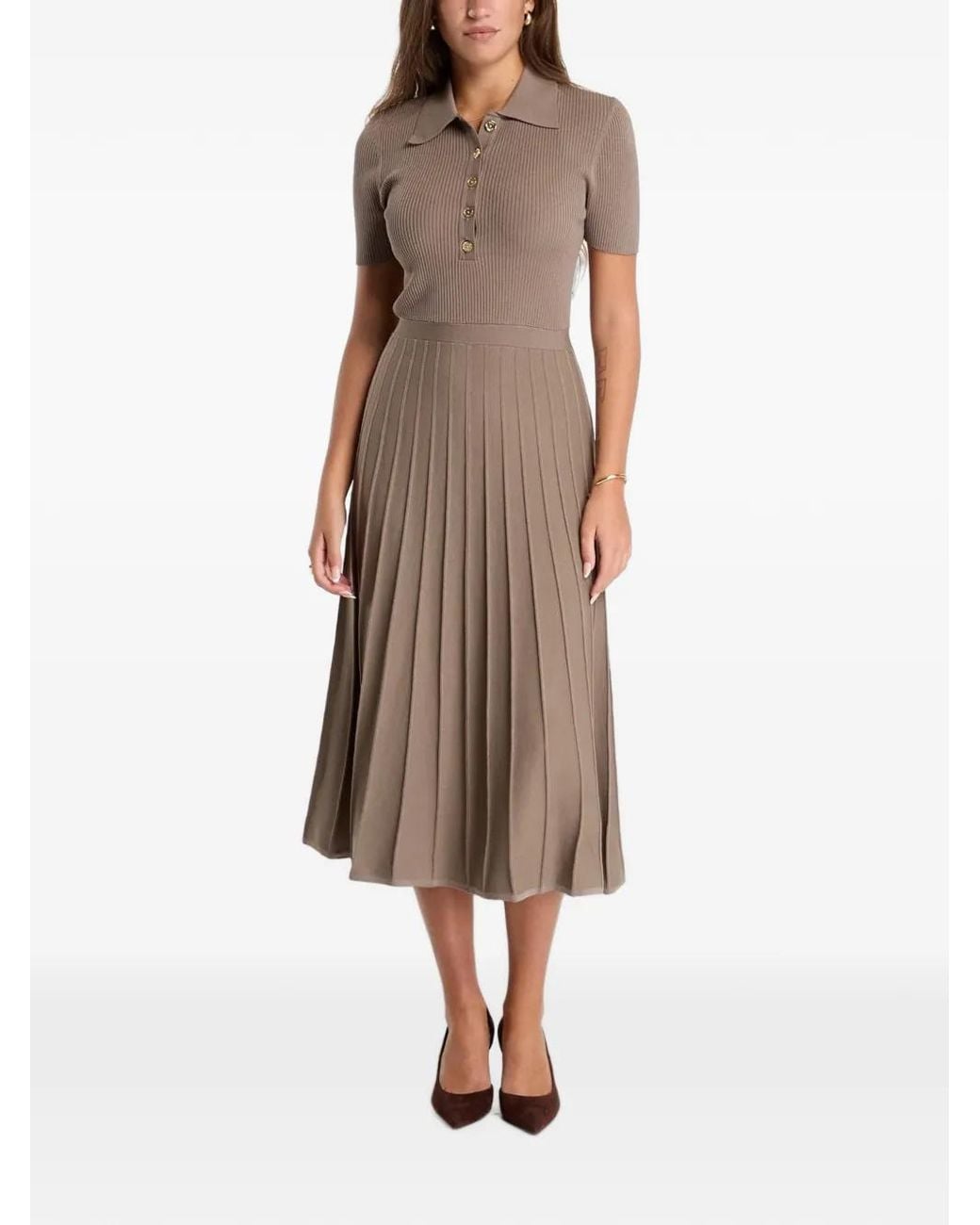 Michael Kors Brown Ribbed Stretch-Knit Polo Midi Dress